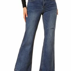 Allegra K Women’s Casual Denim Pants Mid Rise Ripped Stretchy Bootcut Jeans