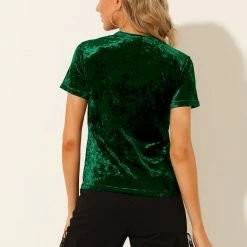Allegra K Women's Velvet Top Crew Neck Short Sleeve Casual T-Shirt