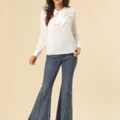 Allegra K Women's Bow Tie Neck Elegant Top Long Sleeve Solid Work Office Blouse