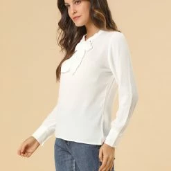 Allegra K Women's Bow Tie Neck Elegant Top Long Sleeve Solid Work Office Blouse