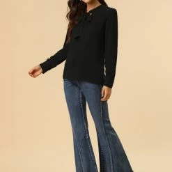 Allegra K Women's Bow Tie Neck Elegant Top Long Sleeve Solid Work Office Blouse