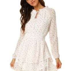 Allegra K Floral Printed Ruffled Tie V Neck Smocked Waist Dress 148 Allegra K Floral Printed Ruffled Tie V Neck Smocked Waist Dress