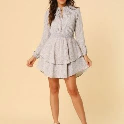 Allegra K Floral Printed Ruffled Tie V Neck Smocked Waist Dress 155 Allegra K Floral Printed Ruffled Tie V Neck Smocked Waist Dress