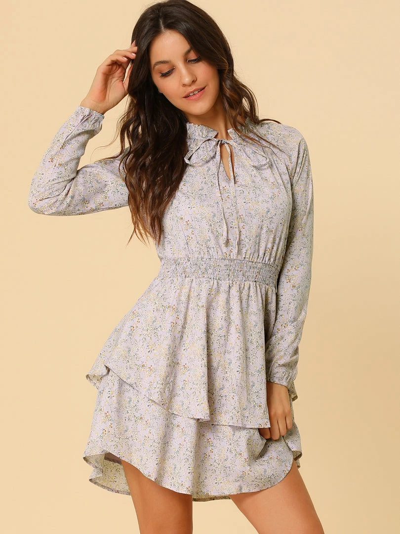 Allegra K Floral Printed Ruffled Tie V Neck Smocked Waist Dress 72 Allegra K Floral Printed Ruffled Tie V Neck Smocked Waist Dress