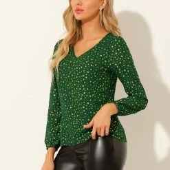 Allegra K Women's V Neck Puff Long Sleeve Chiffon Metallic Star Blouse Top