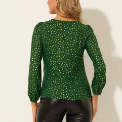 Allegra K Women's V Neck Puff Long Sleeve Chiffon Metallic Star Blouse Top