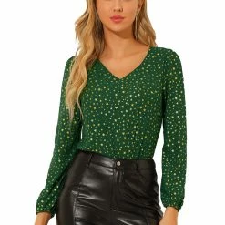 Allegra K Women's V Neck Puff Long Sleeve Chiffon Metallic Star Blouse Top