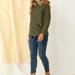 Allegra K Women's Zip Up Parka Faux Fur Collar Hoodie Cargo Jacket