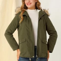 Allegra K Women's Zip Up Parka Faux Fur Collar Hoodie Cargo Jacket