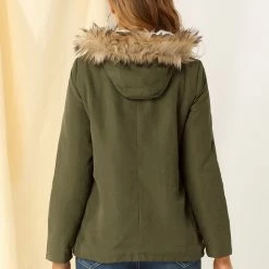Allegra K Women's Zip Up Parka Faux Fur Collar Hoodie Cargo Jacket