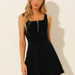 Allegra K Women's Wide Strap Zipper Front Scoop Neck Mini A-Line Sundress 13 Allegra K Women's Wide Strap Zipper Front Scoop Neck Mini A-Line Sundress