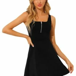 Allegra K Women's Wide Strap Zipper Front Scoop Neck Mini A-Line Sundress