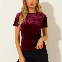 Allegra K Women's Velvet Top Crew Neck Short Sleeve Casual T-Shirt