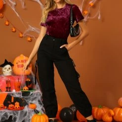 Allegra K Women's Velvet Top Crew Neck Short Sleeve Casual T-Shirt