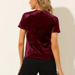 Allegra K Women's Velvet Top Crew Neck Short Sleeve Casual T-Shirt