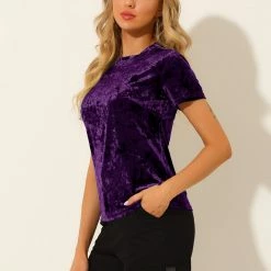 Allegra K Women's Velvet Top Crew Neck Short Sleeve Casual T-Shirt