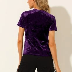 Allegra K Women's Velvet Top Crew Neck Short Sleeve Casual T-Shirt