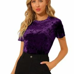 Allegra K Women's Velvet Top Crew Neck Short Sleeve Casual T-Shirt