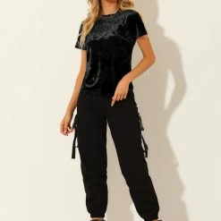 Allegra K Women's Velvet Top Crew Neck Short Sleeve Casual T-Shirt