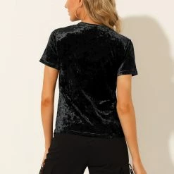 Allegra K Women's Velvet Top Crew Neck Short Sleeve Casual T-Shirt