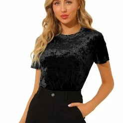 Allegra K Women's Velvet Top Crew Neck Short Sleeve Casual T-Shirt