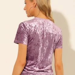 Allegra K Women's Velvet Top Crew Neck Short Sleeve Casual T-Shirt