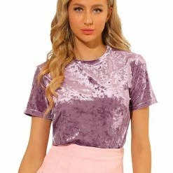 Allegra K Women's Velvet Top Crew Neck Short Sleeve Casual T-Shirt