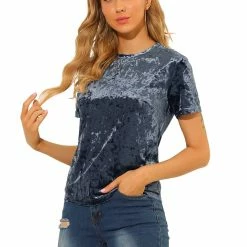 Allegra K Women's Velvet Top Crew Neck Short Sleeve Casual T-Shirt