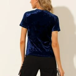 Allegra K Women's Velvet Top Crew Neck Short Sleeve Casual T-Shirt