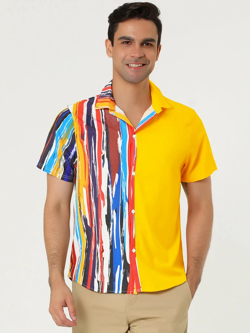 Allegra K Men's Irregular Geometric Color Block Patchwork Button Down Short Sleeve Striped Shirts 11 Allegra K Men's Irregular Geometric Color Block Patchwork Button Down Short Sleeve Striped Shirts