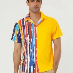 Allegra K Men's Irregular Geometric Color Block Patchwork Button Down Short Sleeve Striped Shirts 24 Allegra K Men's Irregular Geometric Color Block Patchwork Button Down Short Sleeve Striped Shirts