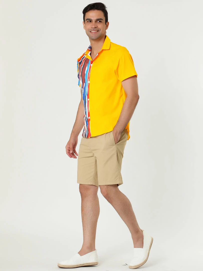 Allegra K Men's Irregular Geometric Color Block Patchwork Button Down Short Sleeve Striped Shirts 13 Allegra K Men's Irregular Geometric Color Block Patchwork Button Down Short Sleeve Striped Shirts