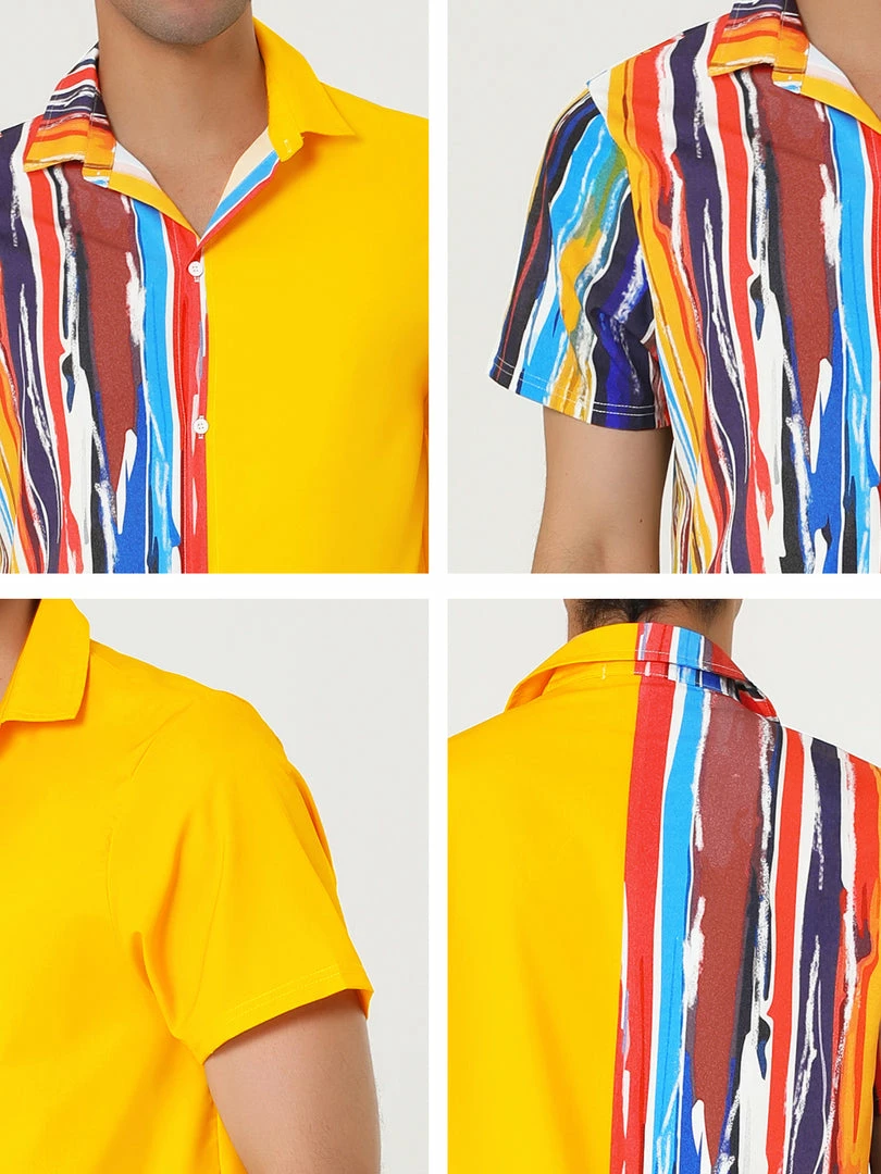 Allegra K Men's Irregular Geometric Color Block Patchwork Button Down Short Sleeve Striped Shirts 15 Allegra K Men's Irregular Geometric Color Block Patchwork Button Down Short Sleeve Striped Shirts