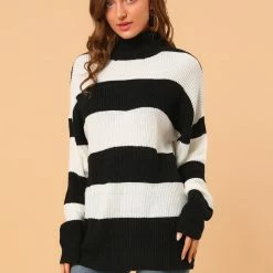 Allegra K Women's Turtleneck Patchwork Knitted Batwing Sleeve Tunic Pullover Striped Sweater 23 Allegra K Women's Turtleneck Patchwork Knitted Batwing Sleeve Tunic Pullover Striped Sweater