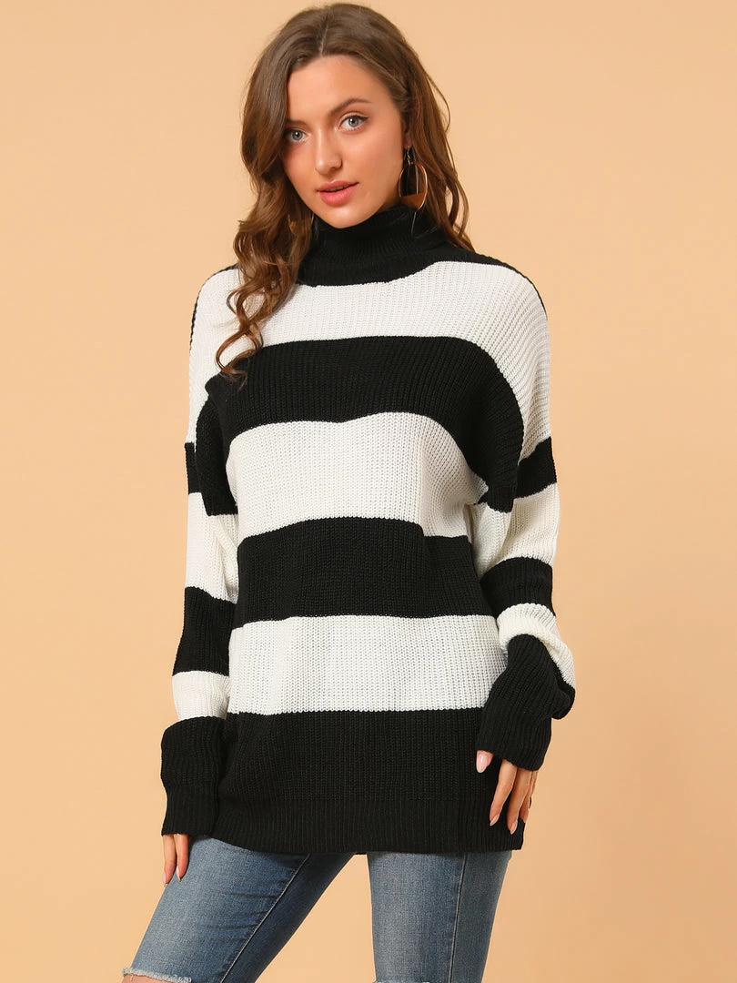Allegra K Women's Turtleneck Patchwork Knitted Batwing Sleeve Tunic Pullover Striped Sweater 11 Allegra K Women's Turtleneck Patchwork Knitted Batwing Sleeve Tunic Pullover Striped Sweater