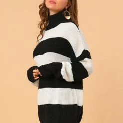 Allegra K Women's Turtleneck Patchwork Knitted Batwing Sleeve Tunic Pullover Striped Sweater 25 Allegra K Women's Turtleneck Patchwork Knitted Batwing Sleeve Tunic Pullover Striped Sweater