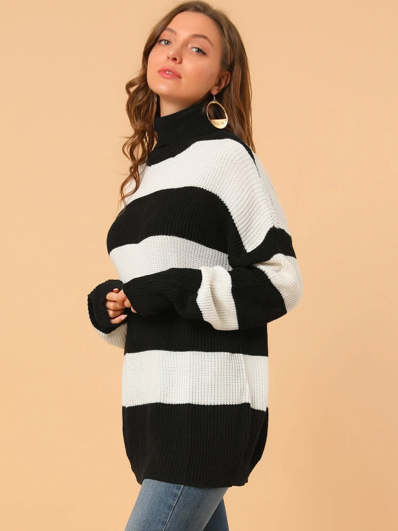 Allegra K Women's Turtleneck Patchwork Knitted Batwing Sleeve Tunic Pullover Striped Sweater 13 Allegra K Women's Turtleneck Patchwork Knitted Batwing Sleeve Tunic Pullover Striped Sweater