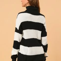 Allegra K Women's Turtleneck Patchwork Knitted Batwing Sleeve Tunic Pullover Striped Sweater 26 Allegra K Women's Turtleneck Patchwork Knitted Batwing Sleeve Tunic Pullover Striped Sweater