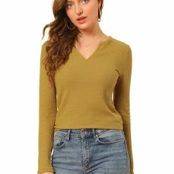 Allegra K Women's Solid Color Waffle Knit Long Sleeve V Neck Pullover Sweaters