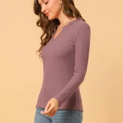Allegra K Women's Solid Color Waffle Knit Long Sleeve V Neck Pullover Sweaters