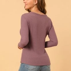 Allegra K Women's Solid Color Waffle Knit Long Sleeve V Neck Pullover Sweaters