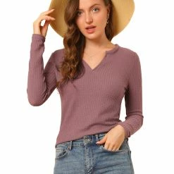 Allegra K Women's Solid Color Waffle Knit Long Sleeve V Neck Pullover Sweaters