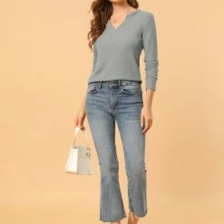 Allegra K Women's Solid Color Waffle Knit Long Sleeve V Neck Pullover Sweaters