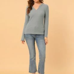 Allegra K Women's Solid Color Waffle Knit Long Sleeve V Neck Pullover Sweaters