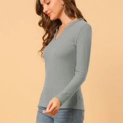 Allegra K Women's Solid Color Waffle Knit Long Sleeve V Neck Pullover Sweaters