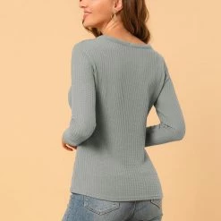 Allegra K Women's Solid Color Waffle Knit Long Sleeve V Neck Pullover Sweaters