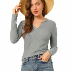 Allegra K Women's Solid Color Waffle Knit Long Sleeve V Neck Pullover Sweaters