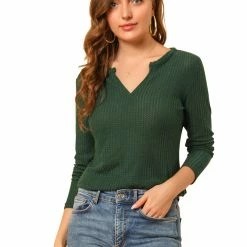 Allegra K Women's Solid Color Waffle Knit Long Sleeve V Neck Pullover Sweaters