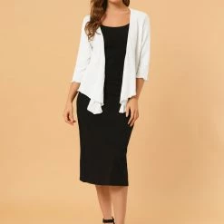 Allegra K Women's Open Front Shrug Cardigans Self Tie Lightweight 3/4 Sleeve Cardigan