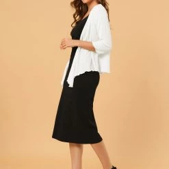 Allegra K Women's Open Front Shrug Cardigans Self Tie Lightweight 3/4 Sleeve Cardigan